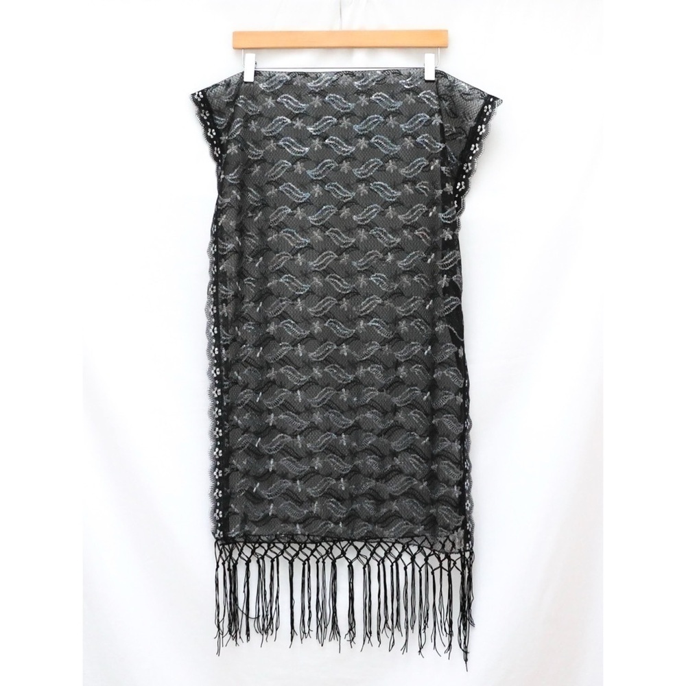 Lace pashmina scarf sequinned silver holographic iridescent grey evening wool